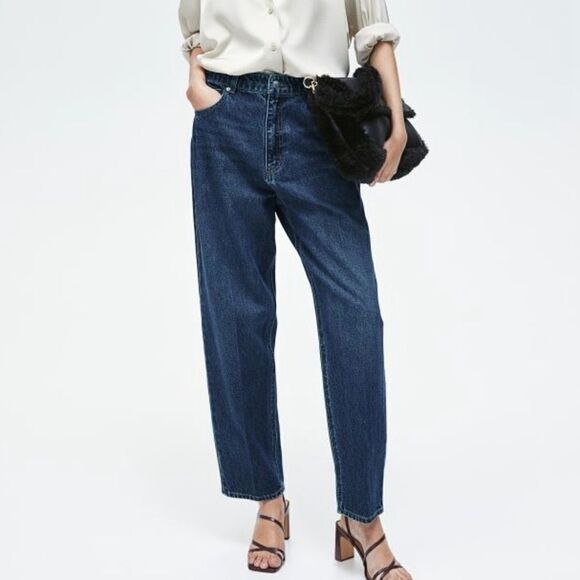 H&M High Rise Tapered Baggy Jeans Dark Blue Size 10 Relaxed Ankle - Picture 1 of 14